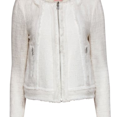 Rebecca Taylor - White Tweed Jacket w/ Lamb Leather & Silk Trim Sz 10