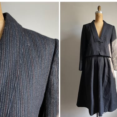 Vintage ‘80s Peabody House navy blue pinstripe wool suit | blazer & skirt set, early to mid 1980s ladies suit, Tagged 11/12, fits S/M 