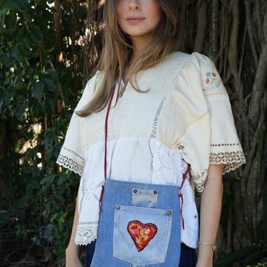 90's Denim Crossbody Purse / Handmade Denim Handbag with Heart Embroidery and Calico Lining / Denim Jeans Bag with Suede Straps 