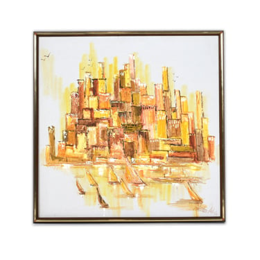 Orange and Yellow Mid-Century Modern Harbor and Cityscape Painting 