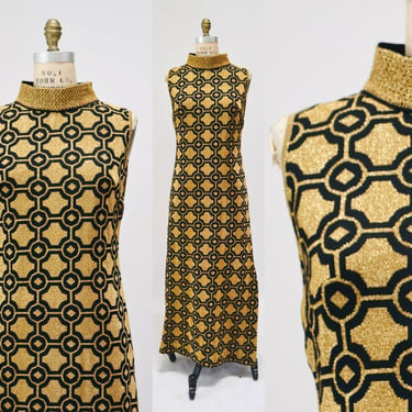 60s 70s Vintage Gold Black Knit Metallic Dress Long Black Gold Geometric Jacquard Maxi Dress Medium Large by Carolo South Africa 