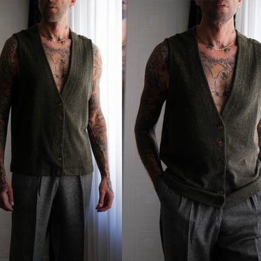 Vintage 80s Giorgio Armani Le Collezioni Dark Olive Green Flecked Silk & Wool Sweater Vest | Made in Italy | 1980s Designer Cardigan Vest 
