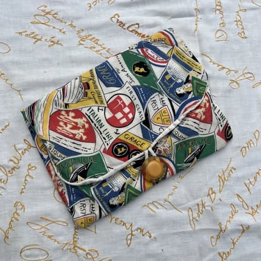 Vintage 1930s Travel Ticket Colorful Cotton Clutch Purse Bag Celluloid Button