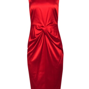 Donna Karan - Red Satin Sleeveless Middle Ruched Dress Sz 8