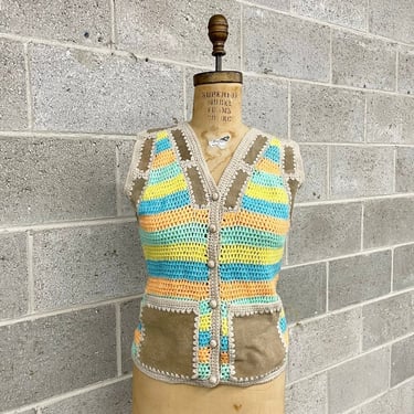 Vintage Vest Retro 1970s Aware + Size Medium + Crochet Vest + Leather + Acrylic + Striped + Sweater Vest + Pastels + Beige + Womens Apparel 