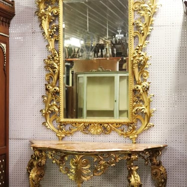Monumental 1940s Era Italian Water Gilded Carved Mirror and Console Table