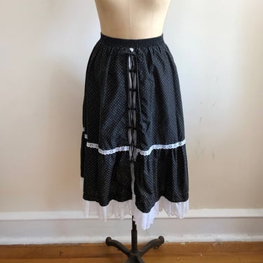 Black Ditsy Floral Print Midi-Skirt with Lace-Up Front - 1970s 