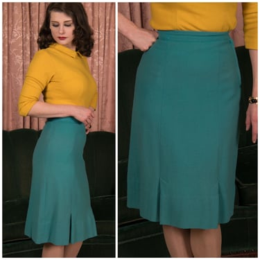 1950s Skirt - Vibrant Classic Late 50s/Early 60s Turquoise Blue Wool Late 50s Straight Skirt with Pleated Vents 