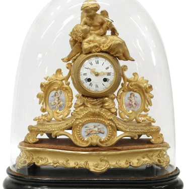 Antique Clock, Mantle Shelf,French Cupid Psyche Gilt Metal, Glass Cloche, 1800's