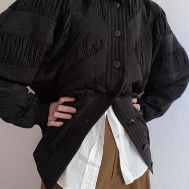vintage black silk billowy pleated coat women's large 