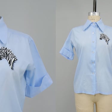 Vintage 1970s Zebra Embroidered Shirt, Vintage 70s Button Down, Dog Eared Collar, Vintage Embroidery, Boho Hippie, Size Medium by Mo