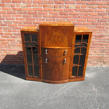 Unusual English Art Deco side by Side Desk Bookcase China Cabinet with Hidden Chair   1920s 