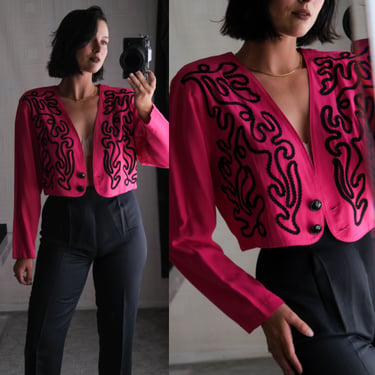 Vintage 90s LA BELLE Fuchsia & Black Soutache Rayon Cropped Bolero w/ Single Button | Made in the USA | 1990s Designer Top 