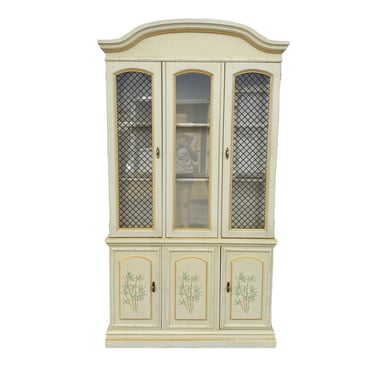 Vintage China Cabinet with Faux Bamboo & Diamond Trellis Doors - Illuminated Glass Display Case Hollywood Regency Coastal Furniture 