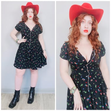 1990s Vintage Black Rayon Western Novelty Print Mini Dress / 90s Lil Cactus Print Fit and Flare Gown / Size Medium - Large 