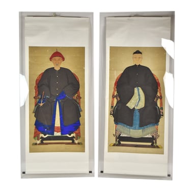 Pair 7 ft Antique Chinese Scroll Paintings Ancestor Portraits Lucite Display Boxes 