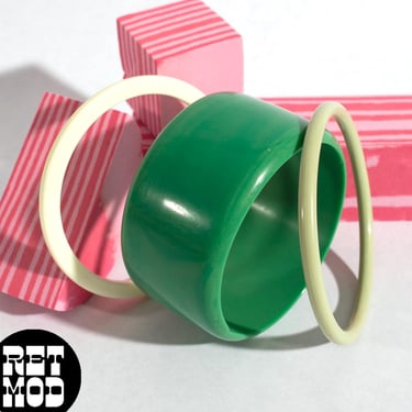 Set of 3 - Vintage 60s 70s 80s Green Chunky, Skinny Sage, and Yellowy White Bangle Bracelet Trio 