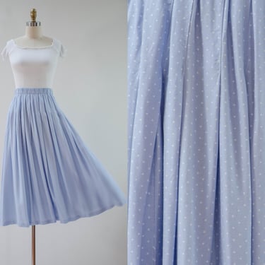 blue polka dot skirt | 80s 90s vintage pastel sky powder blue white swiss dot cute cottagecore pleated midi skirt 