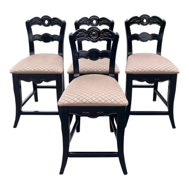 French Country Carved Black Ladderback Counter Stools - Set of 4 