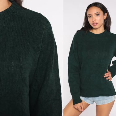 Green Wool Sweater 80s Crewneck Pullover Grunge Slouchy Plain Knit Vintage 1980s Neutral Earth Tone Basic 90s Normcore Jumper Large L 