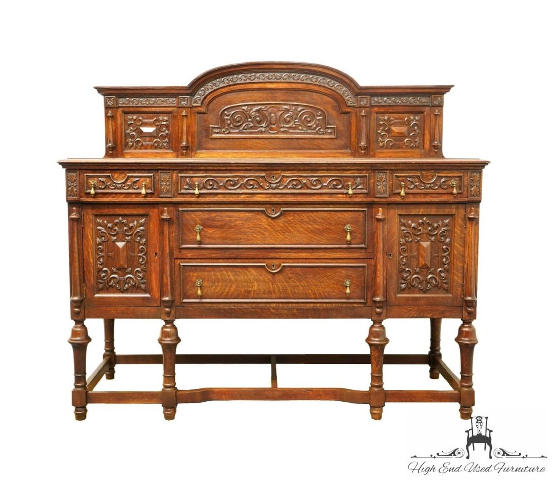 ANTIQUE VINTAGE Solid Walnut English Revival Gothic Jacobean 60" Buffet
