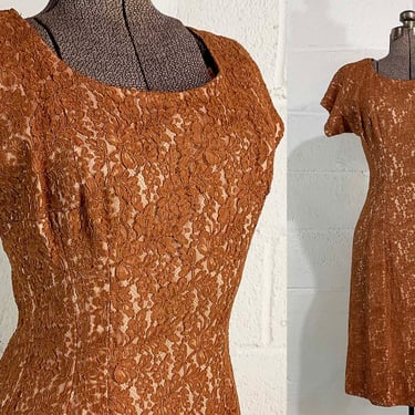 Vintage Taupe Lace Wiggle Dress Peachy Brown Short Sleeve Wedding Party Cocktail New Year's Evening Small 1960s 