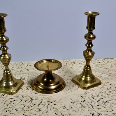 3 Solid Brass Miniature Candlestick Holders Lot of 3 Pillar Set & One Candleholder w/Safety Spike Beautiful Decor Gift for Her Collectible 