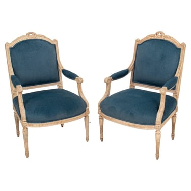 French Louis XVI Manner Velvet Upholstered Armchair, Pair