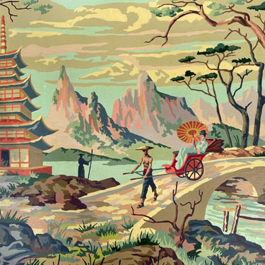 Vintage Asian Scene Paint By Number, Princess Pulled In Rickshaw On Bridge, Pagoda Mountains, Lake, Title Oriental Shrine, Craftint, 18"x24" 