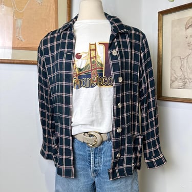 Vintage Plaid Button Up Jacket - Lightweight Jacket- 1980s Style Retro with pockets 