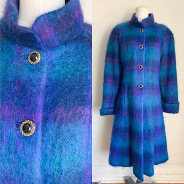 Vintage 1980s Blue & Purple Fuzzy Plaid Princess Coat / L 
