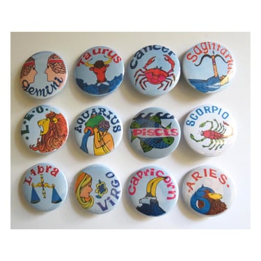 Vintage Style Pinback Buttons -  60s 70s Zodiac Novelty Pins - Astrology Horoscope Reproduction Retro Pin Button - 1" 1.25" 2.25" 