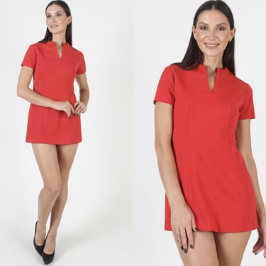 Short Red Micro Mini Dress, Stretchy Jersey Material, Prep School Uniform, Go Go Style Outfit 