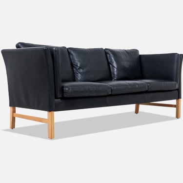 Danish Modern Black Leather 3-Seater Sofa by Svend Skipper