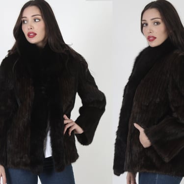 80s Dark Mahogany Plush Mink Fur Jacket / Soft Brown Arctic Fox Cropped Coat / Womens Luxurious Corded Overcoat 