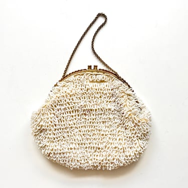 Vintage 40s 50s Beaded Fringe White Wedding Clutch Handbag // Rhinestone Kiss Lock Bag Purse // Bridal Bag 