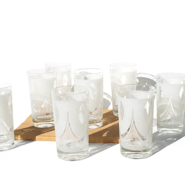 Set of 8 White MCM Tumblers, Mid Century Modern Cocktail Glasses, Atomic Highball Barware, Water Tea Collins 