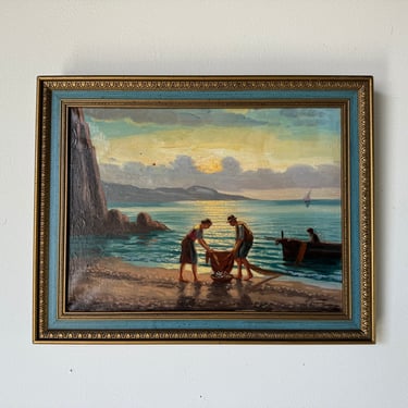 1960's Vintage Mediterranean Coastal Fisherman Oil Painting, Signed 