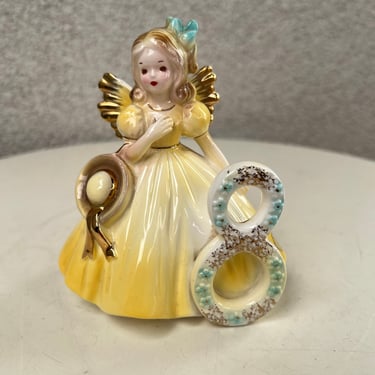 Vintage Josef Originals ceramic figurine Angel little girl Birthday 8 with hat yellow tones 