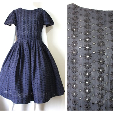 Vintage 1950s Navy Blue Eyelet Lynbrook Cotton Summer Dress Volup  // Modern US 12 14  L/XL 