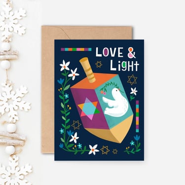 Love & Light Hanukkah Greeting Card/ 4.25" X 5.5" Dreidel With Dove and Florals Notecard/ Jewish Holiday Stationery/ Single Card or Set of 8 