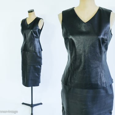 1980s Leather Skirt & Top Set | 80s Black Leather Skirt Set | Medium 