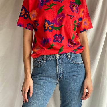 90's Tshirt / Floral All Over Print Jersey Tshirt / Pocket Tee 