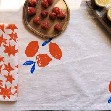 linen dinner napkins. orange stars on blush. hand block printed. placemats / tea towel. vases. boho decor. hostess gifting. 