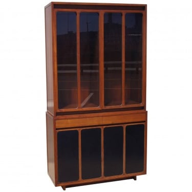 Tall Walnut Cabinet with Glass Doors and Leather Panels by Paul McCobb for H. Sacks