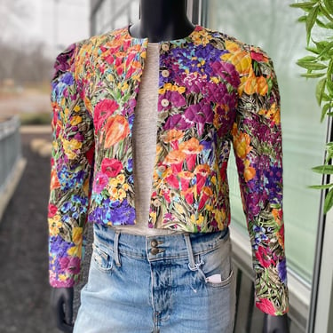 JEFFREY & DARA by Linda Hutley - Vintage Quilted Floral Jacket - Size 9/10 Medium - Colorful Grandma Chic Golden Girls Padded 1980s 80s 