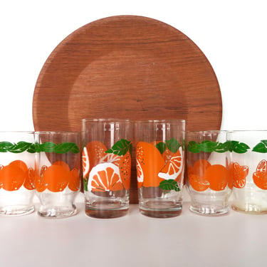 6 Mid Century Modern Orange slice Juice Glasses by Anchor Hocking, 1950s Colorful Fruit Glass Drinkware 