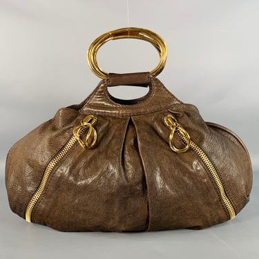DONNA KARAN Brown Gold Goatskin Leather Top Handles Zippers Handbag