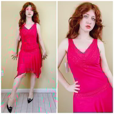 1980s Vintage Maria Bonita Raspberry Beaded Fairy Dress / 80s Dropped Waist Sparkl Tank Dress / Small 