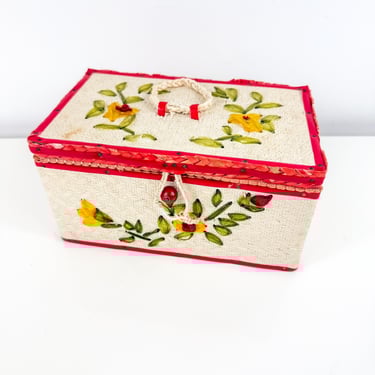 Vintage Woven Wicker Embroidered Floral Sewing Box, Inside lined with red and some padding for pins on the top, trinket box 1960s memory box 